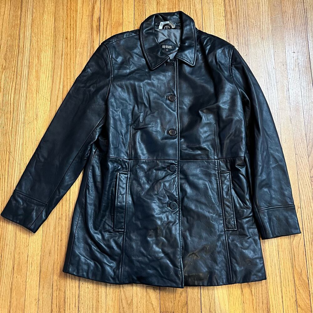 111 State Vintage Leather Jacket Womens Medium Black Long Button Y2K